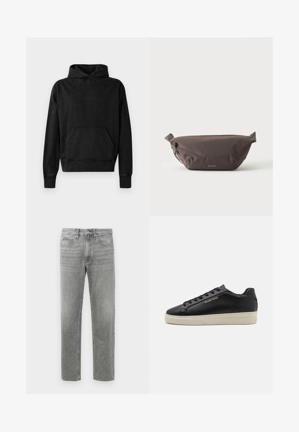 Zwarte hoodie met een voorzak, ribbels aan de mouwen en de onderkant. Heeft een minimalistisch ontwerp met een klein "WON"-logo op de borst. Zachte stof.; Grijze denim jeans met een rechte pijp, voorzien van een klassiek vijf-pocket ontwerp en subtiele vervaging voor textuur. Standaard ritsopening.; Zwarte leren sneaker met een gladde afwerking, contrasterende crèmekleurige zool, ronde neus, gouden logo aan de zijkant en zes gaatjes voor veters.; Donkerbruine stoffen heuptas met diagonale ritssluiting en klein wit logo aan de voorkant, tegen een effen lichte achtergrond.