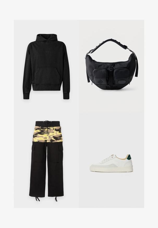 Sudadera negra con bolsillo frontal, puños y dobladillo acanalados. Presenta un diseño minimalista con un pequeño logo "WON" en el pecho. Tela suave.; Pantalones cargo con tela negra y una sección superior con estampado de camuflaje en tonos de amarillo, verde y marrón; incluye cinturilla ajustable.; Zapatilla blanca con acentos de ante, puntera redondeada, cordones planos y suela de goma color crema. Presenta un logo verde en el talón.; Bolso de hombro negro en forma de media luna con correa acolchada ajustable y dos bolsillos frontales con cremallera y tiradores.