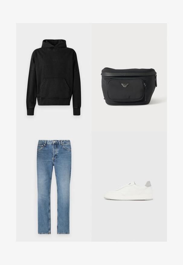 Hoodie noir avec une poche avant, des poignets et un ourlet côtelés. Présente un design minimaliste avec un petit logo "WON" sur la poitrine. Tissu doux.; Jean en denim bleu clair avec une coupe droite, cinq poches et une fermeture à glissière. Détails de décoloration et de couture distincts.; Baskets basses blanches avec un onglet de talon gris, des lacets blancs et une semelle texturée, présentées sur un fond uni clair.; Sac banane noir avec poche avant zippée et logo aigle argenté, tissu lisse avec bordure texturée et tirettes de fermeture éclair.