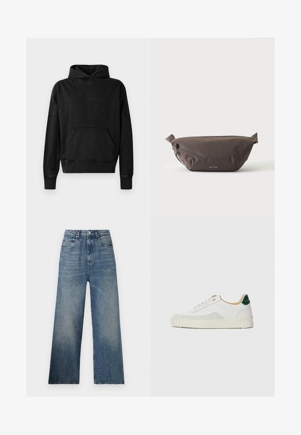 Sort hættejakke med frontlomme, ribbede manchetter og kant. Har et minimalistisk design med et lille "WON" logo på brystet. Blødt stof.; Blå denim bredbenede jeans med høj talje, subtilt slid, fem lommer og metalknaplukning foran.; Hvide sneakers med ruskindsdetaljer, rund tå, flade snørebånd og en cremet gummisål. Har grøn branding på hælen.; Mørkebrun stof talje taske med diagonalt lynlåslomme og lille hvidt logo på fronten, sat mod en ensfarvet lys baggrund.