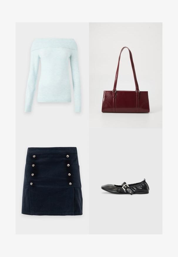 Suéter azul claro, con escote off-the-shoulder, hecho de un material suave y texturizado, con mangas largas y detalles acanalados en el cuello y los puños.; Falda de pana azul marino con forma recta, cinco botones metálicos en la parte delantera y dos bolsillos laterales para funcionalidad.; Zapato plano de piel negra con puntera afilada, detalle fruncido alrededor de la abertura y un acento de hebilla plateada en la correa ajustable.; Bolso burdeos hecho de material brillante, de forma rectangular, con dos asas para el hombro y sutiles acentos curvados en la parte frontal.