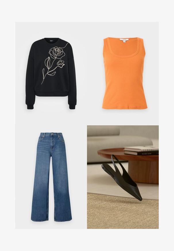 Sudadera negra con un destacado diseño de rosa bordado en color beige claro en la parte frontal, con un ajuste relajado y puños acanalados.; Camiseta sin mangas naranja con canalé, escote redondeado, corte entallado y etiqueta de la marca Topshop sobre fondo gris claro.; Jeans de pernera ancha en denim, con cintura alta, cierre frontal de botón y diseño clásico de cinco bolsillos. Textura suave.; Zapato plano negro de punta puntiaguda con tira trasera cerca de una mesa redonda de madera con libros apilados sobre una alfombra beige en una sala de estar moderna.