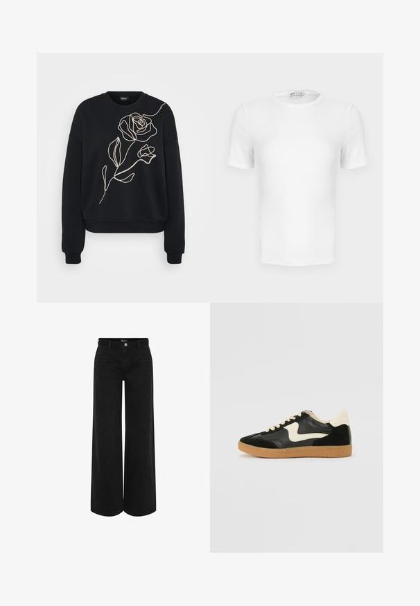 Sort sweatshirt med et fremtrædende, lys beige broderet rosedesign på fronten, med en afslappet pasform og ribbede manchetter.; Hvid ribstrikket T-shirt med korte ærmer, rund hals og tætsiddende pasform samt en lille mærkeetiket inde i kraven.; Sorte vidde denimbukser med høj talje, der har en frontknaplukning, to sidelommer og et klassisk femlomme-design.; Sorte ruskinds- og lædersneakers med en cremefarvet side-swoosh og lys cremefarvet hæl. Har beige snørebånd og en gummirubber-sål.