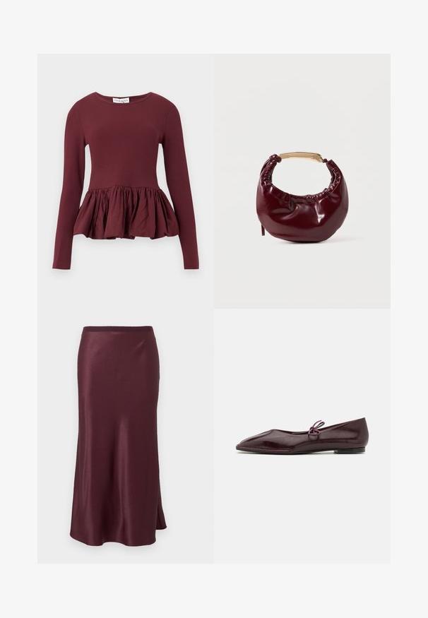 Bourgognefarvet langærmet bluse med en tætsiddende overdel og en rynket peplumkant. Stoffet er glat med en let glans. Rund halsudskæring.; Mørk burgunderfarvet satin midi nederdel med let vidde og subtil sideslids, med en glat talje.; Ballethæle i bordeaux laklæder med spids tå og en dekorativ lilla sløjfe på forfoden; flad såldesign.; Bordeaux farvet faux læder handbag med en afrundet form, samling detaljer og et guldtonet metalhåndtag. Glat tekstur og blank finish.