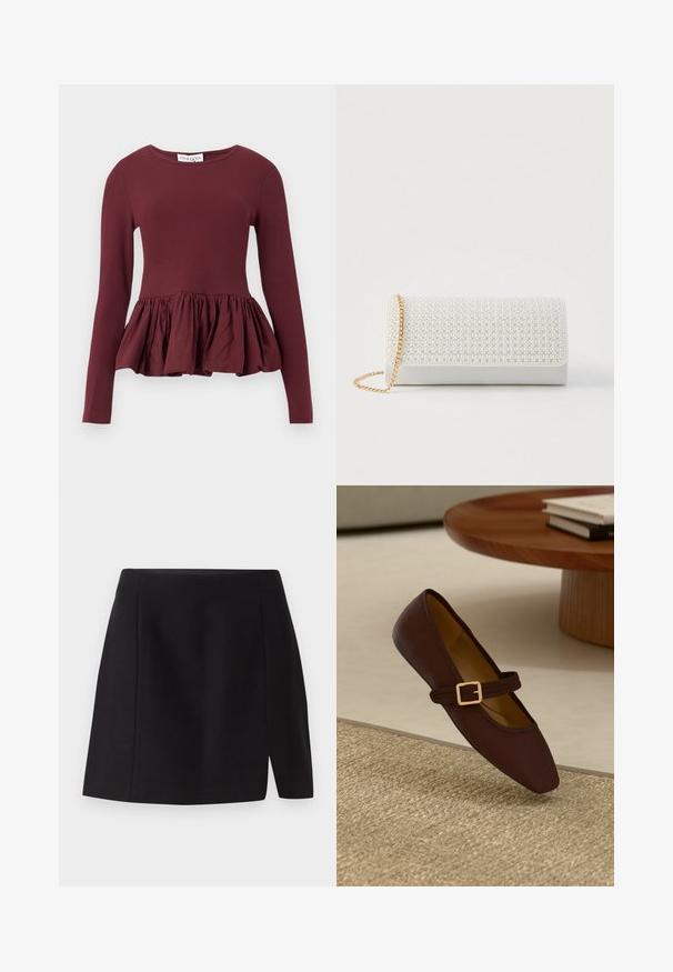 Haut bordeaux à manches longues avec un corsage ajusté et un ourlet péplum froncé. Le tissu semble lisse avec un léger éclat. Conception à encolure ronde.; Mini-jupe noire en tissu lisse, dotée d'une taille ajustée et d'une fente à l'avant qui apporte une touche moderne à son design simple.; Chaussure plate en cuir marron avec un bout pointu et une sangle décorative ornée d'une boucle en or. Fond en texture tissée beige chaud.; Pochette rectangulaire blanche avec un motif texturé de petites perles sur le devant, dotée d'une bandoulière chaîne dorée. Matériau lisse ressemblant à du cuir.