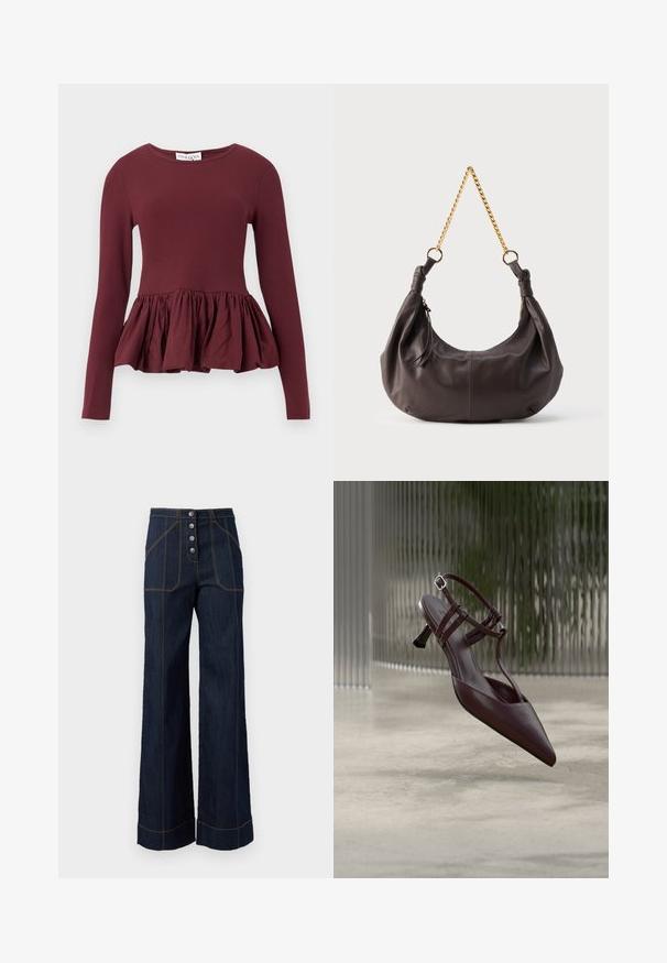 Haut bordeaux à manches longues avec un corsage ajusté et un ourlet péplum froncé. Le tissu semble lisse avec un léger éclat. Conception à encolure ronde.; Pantalons larges en denim foncé à taille haute, fermeture à cinq boutons à l'avant et couture dorée contrastante. Dispose de grandes poches avant.; Escarpin slingback en cuir brun foncé à bout pointu, avec des fines lanières et un petit talon kitten incurvé, présenté sur un fond abstrait.; Sac à bandoulière en cuir marron foncé doux avec des extrémités nouées et une courte chaîne dorée, sur un fond clair uni.