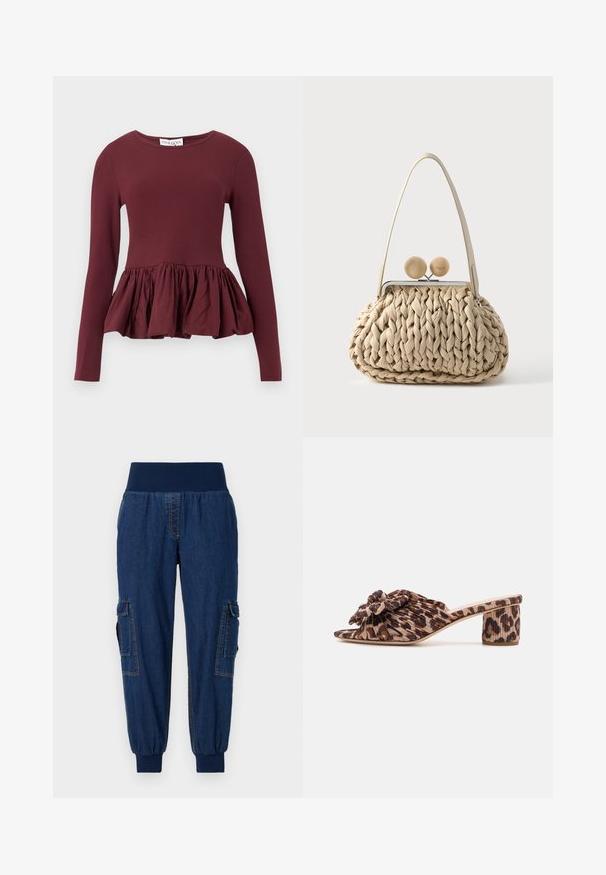 Bourgognefarvet langærmet bluse med en tætsiddende overdel og en rynket peplumkant. Stoffet er glat med en let glans. Rund halsudskæring.; Denim joggerbukser med en bred elastisk talje, to sidelommer og ribbede ankler; mørkeblå farve med kontraststing.; Leopardprint hæl mules med plisseret overdel og blomsterdetalje. Åben tå-design og en mellem stor blokhæle med struktureret mønster.; Beige flettet håndtaske med tyk flettet tekstur, en enkelt rem og en metalspænde med to runde beige kugler på toppen.