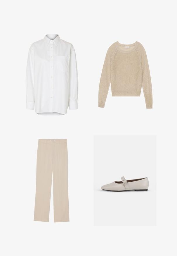 Sweater de punto beige, con cuello redondo, mangas largas, tejido texturizado con un ligero brillo. Presenta mangas raglán y dobladillo acanalado.; Camisa blanca de manga larga con botones, cuello puntiagudo y bolsillo en el pecho, mostrada sobre un fondo liso.; Pantalones de pierna ancha beige con una textura suave, que presentan un corte entallado, dos bolsillos frontales y un sutil detalle de pliegue a lo largo de las piernas.; Bailarina de cuero beige tipo Mary Jane con punta afilada, correa en el tobillo y detalle de hebilla plateada, que cuenta con un bajo tacón negro.