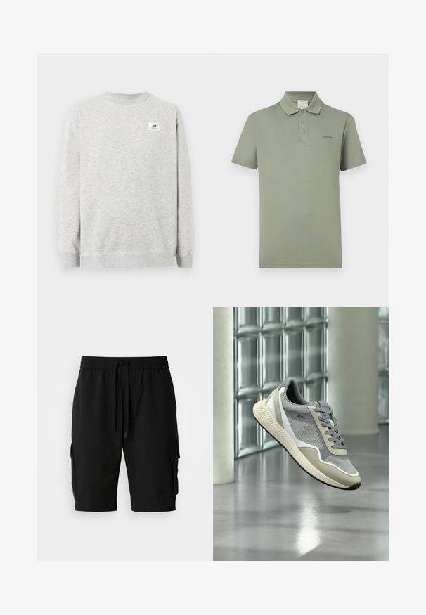 Helehall halli pikkade varrukatega pullover ja väike New Balance'i logo rinnal vasakul pool.; Lühikeste varrukatega oliiviroheline polo-särk, millel on kolm nööpi ja väike Calvin Kleini logo vasakul rinnal.; Mustad mustad lühikesed püksid, mis on valmistatud kergest kangast, painduva vöökoha, nööri ja külgmiste cargo-taskutega täiendava salvestusruumi jaoks.; Meeste beež ja hall võrgust spordijalanõu valge tallaga ja musta mustriga, logoga "BOSS", hõljuv poleeritud betoonpõranda kohal.