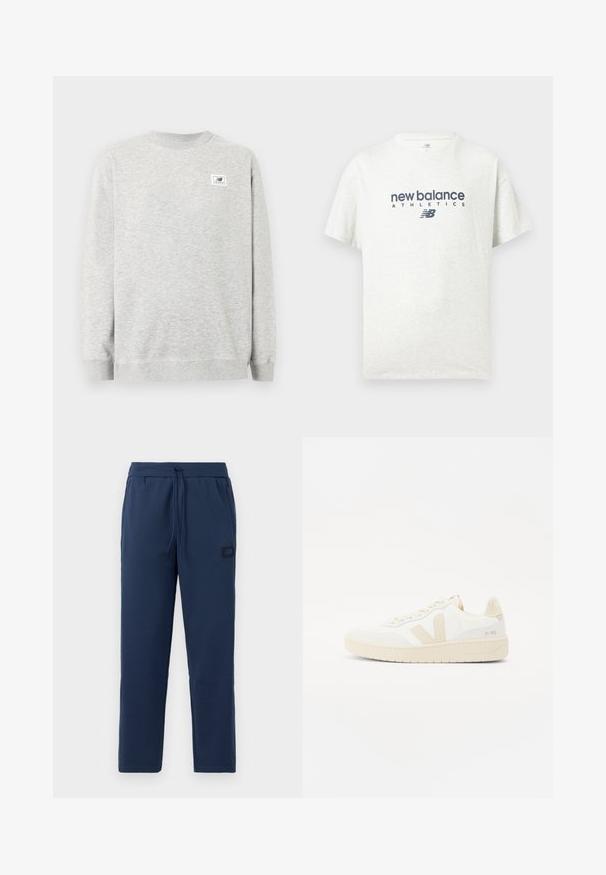 Hellgraues Sweatshirt mit Rundhalsausschnitt und langen Ärmeln, mit kleinem New Balance Logo-Patch auf der linken Brust.; Weißes T-Shirt mit kurzen Ärmeln und Rundhalsausschnitt, vorne in der Mitte mit "new balance ATHLETICS" und dem "NB"-Logo in Dunkelblau bedruckt.; Navyblaue Jogginghosen aus einem weichen Baumwollmix, mit einem elastischen Bund und Kordelzug sowie einem kleinen Markenpatch an der Hüfte.; Weißer Sneaker mit beigen Akzenten, ausgestattet mit einem strukturierten Obermaterial, runder Zehenpartie und einer dicken Gummisohle. Das Design umfasst das ikonische V-Logo und Branding.