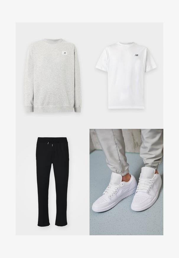 Hellgraues Sweatshirt mit Rundhalsausschnitt und langen Ärmeln, mit kleinem New Balance Logo-Patch auf der linken Brust.; Weißes T-Shirt mit kurzen Ärmeln und Rundhalsausschnitt mit kleinem schwarzem New Balance-Logo auf der oberen linken Brust auf einem einfarbigen hellen Hintergrund.; Schwarze Jogginghose aus weichem Stoff, mit elastischem Taillenbund und Kordelzug, Schlitz am Saum und subtiler Mustergestaltung.; Weiße Ledersneaker mit perforierter Zehenbox, flachen Schnürsenkeln, gepolstertem Kragen und dem Jordan-Logo auf der Zunge. Getragen mit grauen Jogginghosen.