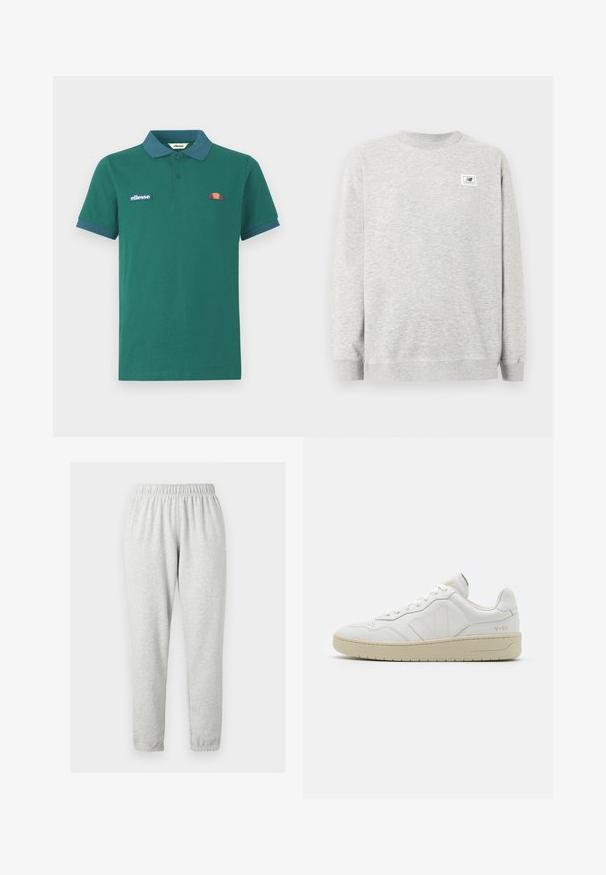 Helehall halli pikkade varrukatega pullover ja väike New Balance'i logo rinnal vasakul pool.; Roheline polo särk, mis on valmistatud puuvillast, kontrastse sinise krae ja mansettidega. Omab broderitud logosid ja väikest värvilist kujundust rinnal.; Helehallid täispikkused dressipüksid, millel on elastne vöökoht ja pahkluuotsad, eksponeeritud ühtlasel heledal taustal.; Valged nahast spordijalatsid tekstuurse viimistlusega ja pehmendatud kaelusega. Omab beeži kummist tallat ja diskreetset brändingut kandade ja külgede peal.