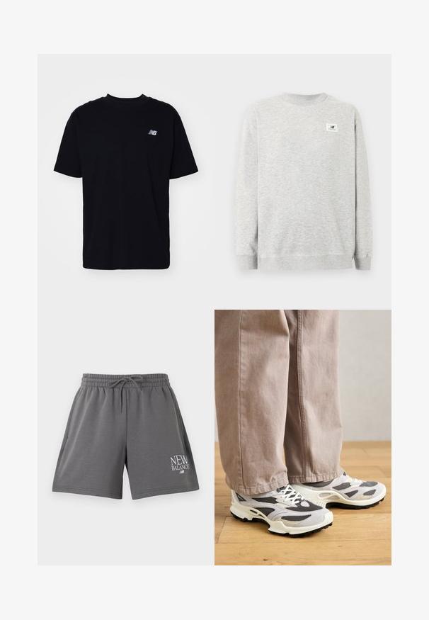 Lichtgrijze crewneck-trui met lange mouwen en een klein New Balance-logo op de linkerborst.; Zwarte katoenen t-shirt met een ronde hals, korte mouwen en een klein reliëflogo op de linkerborst. Klassieke pasvorm en een soepele textuur.; Donkergrijze New Balance sportshorts met elastische tailleband en trekkoord, voorzien van zijzakken en wit logo op het linkerbeen.; Persoon in beige wijde broek en grijs-witte sport sneakers staat op houten vloer.