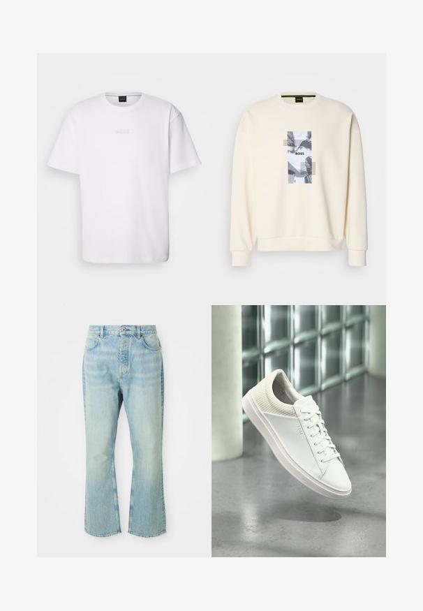 Sudadera color crema con cuello redondo, mangas largas y un estampado gráfico central que presenta la palabra "BOSS" y patrones abstractos en gris.; Camiseta de algodón blanca de manga corta, con escote redondo y logotipo grabado de "BOSS" en el pecho. Textura suave, ajuste estándar.; Jeans de mezclilla de color azul claro, acampanados y de cintura alta, con cinco bolsillos, trabillas para el cinturón y un acabado desgastado.; Zapatilla blanca de corte bajo con talón acolchado y logotipo lateral "BOSS" de marca, mostrada flotando en el interior sobre un suelo gris pulido.