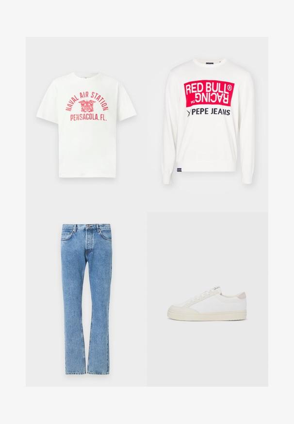 Biely sveter s výrazným červeným a čiernym grafickým potlačou s textom "RED BULL RACING" a "PEPE JEANS". Hladké manžety a lem.; Biely tričko s krátkym rukávom s červeným textom "NAVAL AIR STATION PENSACOLA, FL." a emblémom orla na prednej strane v strede.; Svetlomodré džínsy s rovnými nohavicami, piatimi vreckami a kontrastným prešívaním. Štandardný pás s gombíkovým zapínaním.; Biele tenisky s textúrovaným pláteným zvrškom, hladkými béžovými doplnkami na päte a gumovou podrážkou. Majú zaoblenú špičku a viazanie na šnúrky.