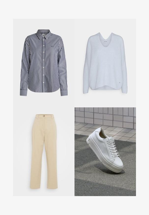 Pull en tricot bleu clair avec un col V, des épaules dropées et une coupe décontractée. Présente un léger côtes et un petit logo sur l'ourlet.; Chemise à manches longues boutonnée avec des rayures verticales bleu marine et blanches et un col classique, présentée sur un fond uni.; Pantalons beiges taille haute, avec des plis sur le devant et un petit bouton en métal. Fabriqués en tissu lisse avec des jambes droites et amples.; Baskets blanches en cuir avec un design bas, lacets plats, bout arrondi et côtés texturés. Semelle en caoutchouc épaisse avec des accents subtils.