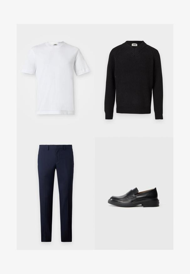 Pull en tricot côtelé noir avec col en V et manches longues, présenté sur un fond blanc uni.; T-shirt en coton blanc à manches courtes, col rond et texture lisse. Aucun motif ni accent visible.; Pantalons ajustés bleu marine présentant une coupe slim, des jambes droites, une texture lisse et des passants de ceinture, adaptés pour un usage formel ou professionnel.; Chaussure habillée noire en cuir, à enfiler, avec un petit talon et un logo Calvin Klein discret sur le côté, présentée de profil sur un fond blanc.