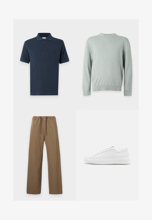Jersey de cuello redondo de manga larga color gris claro, hecho de tela de punto fina con puños y bajo acanalados.; Polo de color azul marino hecho de algodón, con cuello clásico, mangas cortas y un sutil logo en contraste en el lado izquierdo del pecho. Textura suave.; Pantalones marrones de corte recto con cintura elástica y cordones negros, mostrados sobre un fondo claro y sencillo.; Zapatillas blancas hechas de material sintético suave. Presentan un diseño de caña baja, suela blanca elevada, punta redondeada y cordones en la parte frontal con cinco ojetes.