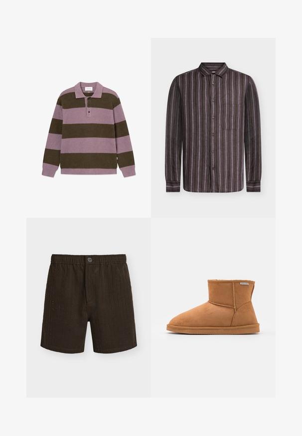 Polo à manches longues en tissu texturé, présentant des rayures alternées vert foncé et lavande, une patte à trois boutons et un col.; Samsøe Samsøe RYAN - Chemise - regal orchid st.; Boxers en coton brun foncé avec des lignes verticales cousues, ceinture élastique et fermeture braguette avec un seul bouton.; Bottine en suède marron à bout arrondi, doublure intérieure douce, détails cousus et semelle en caoutchouc. Étiquette de la marque visible sur le côté.