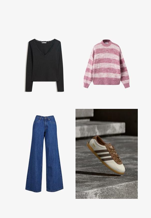 Strikket sweater med lyserøde og mørke lyserøde vandrette striber, rund hals, løs pasform og ribstrikkede ærmer og kant. Tekstureret uldblanding.; Sort langærmet top lavet af blødt stof. Har en dyb V-hals med scallop-besat kant og en tætsiddende silhuet. Ingen synlige mønstre.; Bredde ben denim jeans i mellemblå, med høj talje, kontrasterende syninger og et klassisk femlommers design.; Hvid og brun Adidas Gazelle-sneaker med gummisål svævende over stenetrin og jord i udendørs omgivelser.
