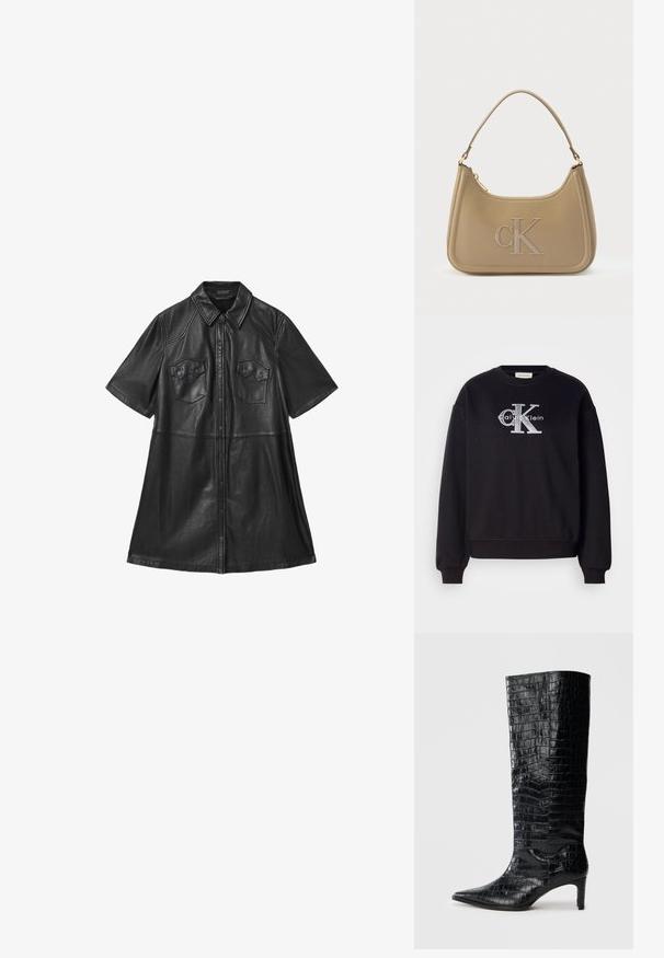 Mustmust, mis on valmistatud puuvillast, ribiekraanide ja mansettidega. Ees olev logo, kus on kirjas "Calvin Klein" ja "CK" hõbedases tikandis.; Mustast nahast särgikleit lühikeste varrukatega, kraega, kahe rinnatasku ja nööpidega ees. Sile tekstuur ja hoolikalt lõigatud õmblused.; Mustad põlvekõrged saapad läikiva krokodillinahajäljendiga, terava varba ja kitseneva kontsaga. Sile sünteetiline materjal.; Calvin Kleini käekott taupe värvi nahast, sileda tekstuuriga, kõverate vormidega, reljeefse „CK“ logoga ja ühe õlarihmaga. Ülevalt lukuga.