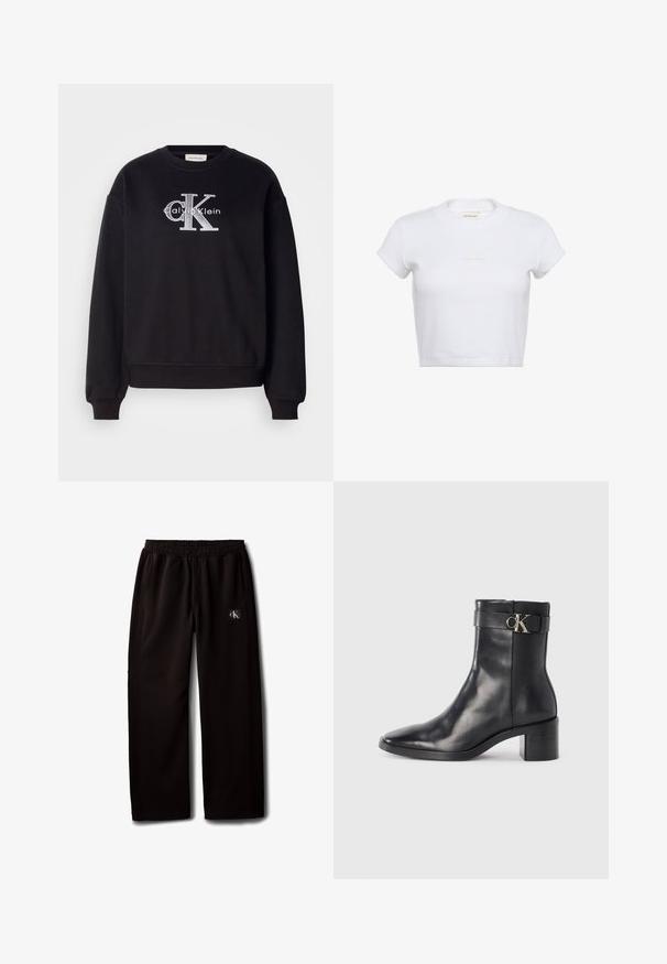 Sort sweatshirt lavet af bomuld med ribbet halsudskæring og manchetter. Har et frontlogo med "Calvin Klein" og "CK" i sølvbroderi.; Hvid cropped t-shirt med korte ærmer og ribbet tekstur. Har en rund halsudskæring og en diskret "Calvin Klein"-logo i lys farve foran.; Sorte vidde bukser med elastisk taljebånd og sidelommer, med en lille Calvin Klein-logo patch på højre lår.; Sort læder ankelstøvle med spids tå, blokhæl og en rem med en metallisk logo detalje. Glat tekstur og minimalistisk design.