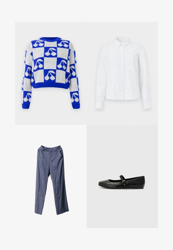 Blauwe en witte geruite gebreide trui met kersenmotieven op elke vierkant, met lange mouwen en een ronde halslijn.; Lichtblauwe, lange mouwen overhemden met knoopsluiting, een kraag, verticale strepen en een borstzak. Gemaakt van zachte stof.; Marineblauwe gestreepte broek met een relaxte pasvorm, elastische tailleband, zijzakken en gladde, lichte stof.; Zwarte leren balletschoenen met een ronde neus, een platte zool en een dunne verstelbare band over de wreef met een metalen gesp.