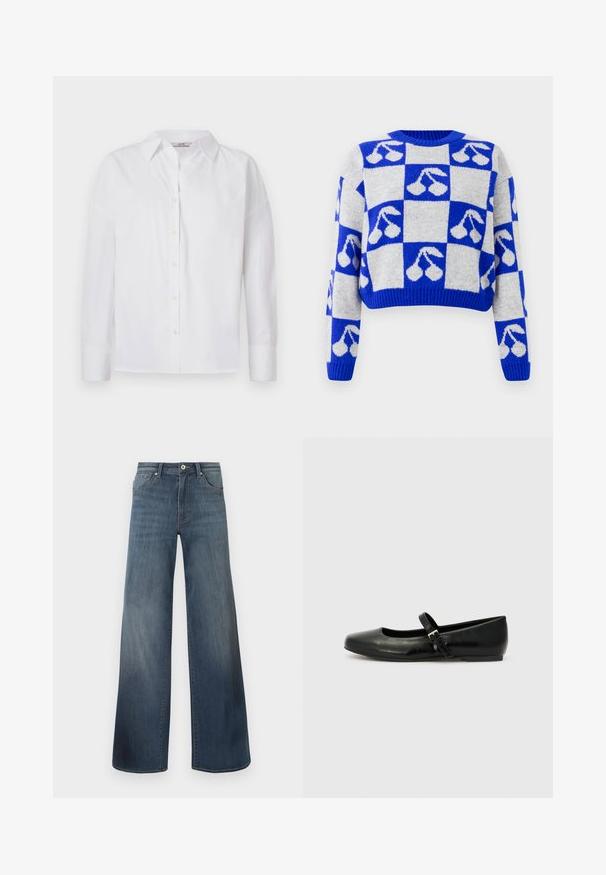 Blauwe en witte geruite gebreide trui met kersenmotieven op elke vierkant, met lange mouwen en een ronde halslijn.; Witte button-up shirt van katoen, met lange mouwen, een klassieke kraag en subtiele stikdetails.; Brede denims met wijde pijpen in donkerblauw, met een verwasde afwerking, knoopsluiting en vijf-pocketstijl. Gladde textuur, minimale stikseldetails.; Zwarte leren balletschoenen met een ronde neus, een platte zool en een dunne verstelbare band over de wreef met een metalen gesp.
