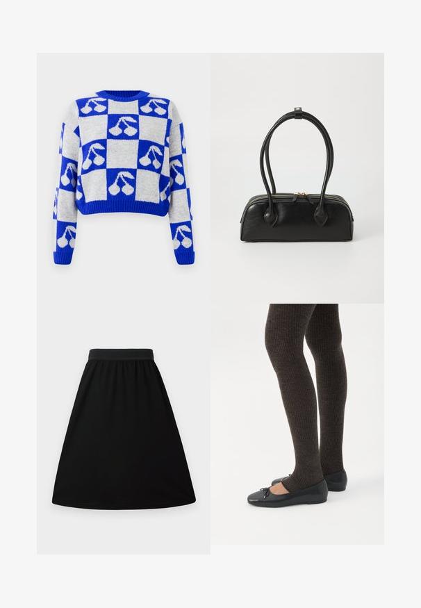 Blå og hvid ternet strikket sweater med kirsebærmotiver på hver firkant, med lange ærmer og rund halsudskæring.; Sorte A-linjeet nederdel med elastisk talje, lavet af et glat, let materiale; har et simpelt, ensfarvet design uden mønstre.; Ben iført mørke ribbede leggings kombineret med sorte balletsko med små sløjfedetaljer på hvid baggrund.; Sort læder håndtaske med to langstrakte håndtag, lynlåslukning og afrundet form; glat tekstur med en subtil blank finish.