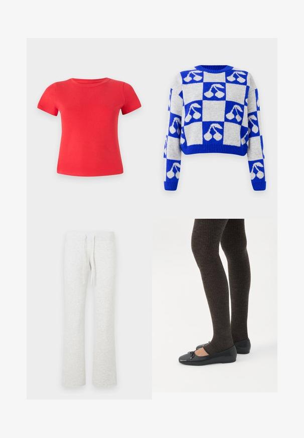Blauwe en witte geruite gebreide trui met kersenmotieven op elke vierkant, met lange mouwen en een ronde halslijn.; Rode katoenen t-shirt met korte mouwen, ronde halslijn en een gladde textuur, met een getailleerde pasvorm en zonder zichtbare patronen of details.; Lichtgrijze joggingbroek gemaakt van zacht materiaal; heeft een taille met trekkoord en een wijd uitlopende pijp; gladde textuur zonder zichtbare patronen.; Benen met donkere geribbelde leggings gecombineerd met zwarte ballerina's met kleine strikdetails op een witte achtergrond.