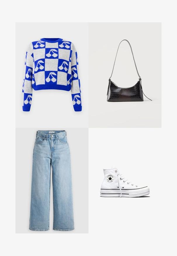 Suéter de punto en cuadros azul y blanco con motivos de cerezas en cada cuadrado, con mangas largas y cuello redondo.; Vaqueros de pierna ancha de color azul claro con una cintura alta, confeccionados en tejido de denimbre. Presentan un diseño clásico de cinco bolsillos y herrajes metálicos.; Zapatilla blanca de caña alta Converse Chuck Taylor All Star con parche de logo negro y cordones blancos, presentada sobre fondo blanco.; Bolso negro de hombro con textura de cocodrilo, cierre de cremallera y correa larga y delgada, exhibido sobre fondo blanco.