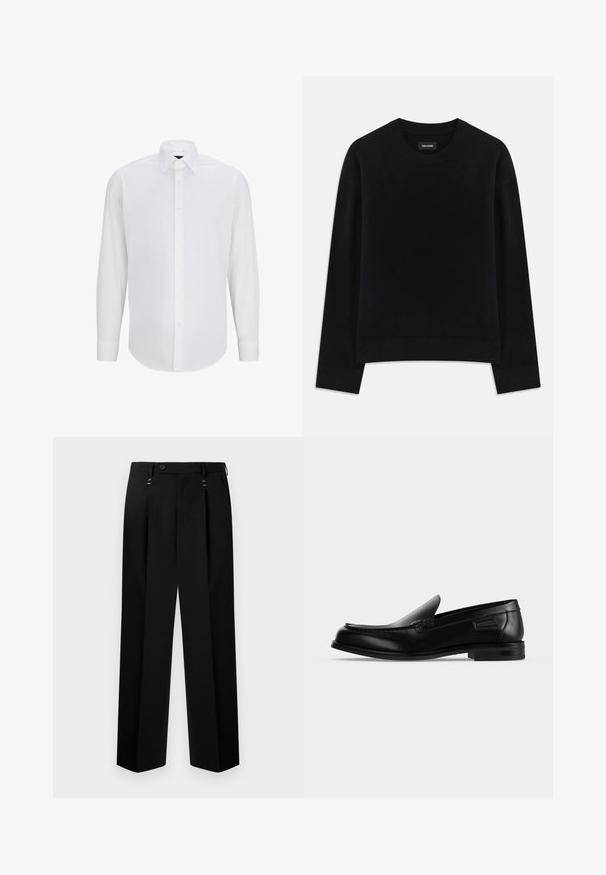Pull noir en tissu doux, à col rond, à manches longues, avec une coupe décontractée et un ourlet côtelé. Design simple et uni, sans motifs.; Chemise blanche à manches longues en tissu lisse, avec un col standard, une fermeture à boutons à l'avant et un ourlet arrondi. Pas de motifs ni d'accents visibles.; Pantalon noir plissé avec fermeture à boutons, en tissu lisse. Comprend deux poches avant et deux clips métalliques décoratifs. Coupe cintrée.; Mocassin noir en cuir à enfiler avec un petit talon, un bout arrondi et des surpiqûres décoratives le long du bord supérieur.