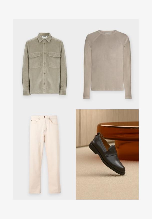 Pull côtelé beige à manches longues avec col rond et manches raglan, présenté sur un fond neutre.; Chemise en velours côtelé vert olive à manches longues, boutonnée à l'avant, avec deux poches poitrine. Texture douce avec un col classique.; Jean beige droit avec cinq poches, fermeture à boutons et surpiqûres contrastantes sur un fond clair uni.; Mocassin en cuir noir à talon bas flottant au-dessus d'un tapis beige, à côté d'une table brillante couleur ambre dans une pièce minimaliste.