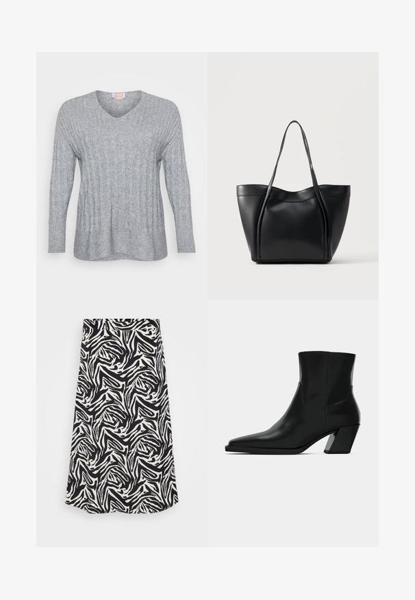Grauer gestrickter Pullover mit V-Ausschnitt, gerippten Bündchen und einem strukturierten Design mit vertikalen Linien sowie einer leicht lockeren Passform.; Schwarzer und weißer Rock mit einem wirbelnden Zebra-Muster, mit geradem Schnitt und Saum. Hergestellt aus einem glatten, leichten Stoff.; Schwarze Leder-Stiefelette mit spitzem Zeh, schlanker Silhouette und klobigem quadratischem Absatz. Glatte Textur mit minimalen Nähdetails.; Schwarze Ledertasche mit zwei langen Henkeln und einem leicht gebogenen oberen Rand, vor einem schlichten hellen Hintergrund präsentiert.