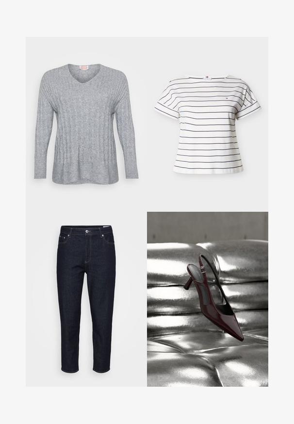 Grå strikket sweater med V-hals, ribbede manchetter og et tekstureret design med lodrette linjer og en let løs pasform.; Hvid T-shirt med korte ærmer og rund hals med tynde vandrette sorte striber og en lille broderet logo på brystet.; Mørkeblå denim jeans med lige ben, frontlommer, bæltesløjfer og knaplukning foran, præsenteret mod en neutral baggrund.; Blank mørkerød slingback højhælet sko med spids tå, vist på en skinnende sølvfarvet polstret læderoverflade.