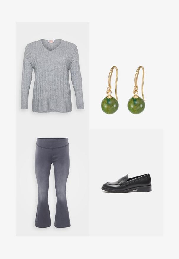 Grå strikket sweater med V-hals, ribbede manchetter og et tekstureret design med lodrette linjer og en let løs pasform.; Grå flagrende bukser med en bred talje. Glat stof med en let glans, der falmer fra mørkt i toppen til lysere mod bunden.; Sorte læderloafer med en glat overflade, rund tå og sidesyning. Har en lav, rektangulær hæl.; Guldfarvede øreringe med runde grønne stenperler, glat tekstur, hængende fra buede kroge, med en skinnende finish.