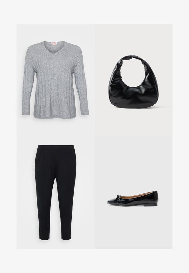 Suéter gris de punto con escote en V, puños acanalados y un diseño texturizado con líneas verticales y un corte ligeramente holgado.; Pantalones negros de corte relajado, con cinturilla elástica y suaves pliegues. Confeccionados en una tela suave, con piernas ajustadas y sin bolsillos.; Bailarinas de charol negras con punta afilada, detalle de un pequeño lazo en la parte delantera y un tacón cuadrado bajo. Textura suave y brillante.; Bolso de mano de charol negro con una forma de media luna única, una asa ancha y acolchada, y cierre de cremallera. Textura lisa y brillante, diseño minimalista.