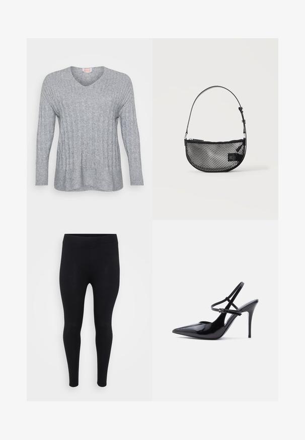 Grå strikket sweater med V-hals, ribbede manchetter og et tekstureret design med lodrette linjer og en let løs pasform.; Sorte leggings med en glat tekstur, høj talje og en tætsiddende form. Har subtile sidelayout langs sømmen.; Sort laklædersko med spids tå og høj hæl, med to smalle justerbare ankelstropper og en stilet hæl, vist fra siden.; Sort mesh halvmåne håndtaske med en kort justerbar læderrem og lynlåslukning på en ensartet lys baggrund.