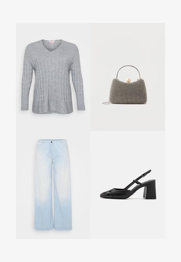 Grå strikket sweater med V-hals, ribbede manchetter og et tekstureret design med lodrette linjer og en let løs pasform.; Lysblå denim brede bukser med en gradient vask, der har en knaplukning, forlommer og kontrastsyninger langs kanten.; Sorte patentlæder slingback hæle med spids tå, blokhæl og justerbar rem. Glat tekstur og minimalistisk design.; Lille håndtaske med sølv gittermønster, buet håndtag, stor perle lukning og en tynd sølvkæde strop på en ensfarvet baggrund.