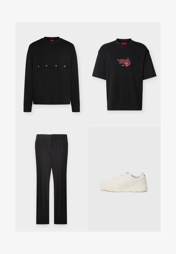 Sort langærmet crewneck-sweatshirt med "HUGO" trykt i sprede hvide bogstaver hen over brystet.; Sort T-shirt med korte ærmer, lille rød rosegrafik og "HUGO"-tekst trykt midt på brystet.; Sorte formelle bukser med frontplisser, en knap- og lynlås-lukning samt en elastisk taljesektion.; Hvide sneakers med en glat læderoverdel, rund tå, flade snørebånd og en struktureret gummisål. Der er en rød detalje på hælen.