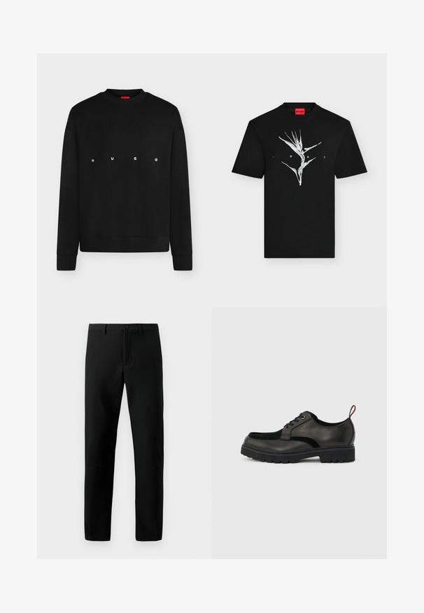 Sort langærmet crewneck-sweatshirt med "HUGO" trykt i sprede hvide bogstaver hen over brystet.; Sort T-shirt med korte ærmer med hvid stiliseret plantegrafik og "HUGO" tekst foran, rød mærkeetiket inde i kraven.; Sorte bukser lavet af glat stof, med knaplukning, lige ben design og ingen synlige mønstre, med rene linjer.; Sort læder snøresko med tyk slidbanesål og rød hælestropp, vist i sideprofil på en lysegrå baggrund.