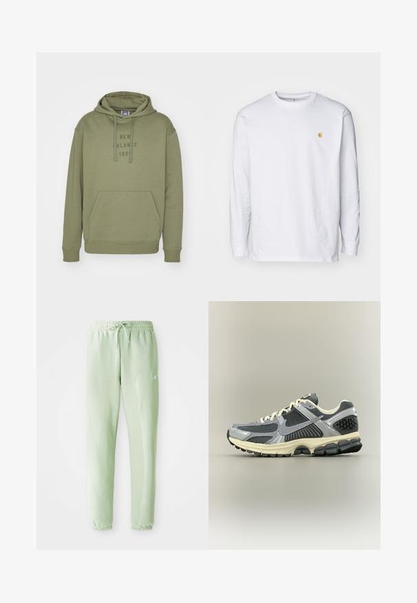 Sudadera verde oliva hecha de una suave mezcla de algodón. Presenta un bolsillo canguro, capucha con cordones y el logo 'New Balance 1901' en una impresión más oscura.; Camiseta de manga larga blanca de algodón. Cuenta con un pequeño logo dorado en el pecho y un cuello redondo. Diseño simple y corte estándar.; Pantalones de chándal verde claro, hechos de algodón suave, con cintura elástica y cordón, piernas ajustadas y puños gather.; Zapatilla de correr Nike gris y negra con cordones blancos y suela beige, mostrada de lado sobre un fondo neutro.