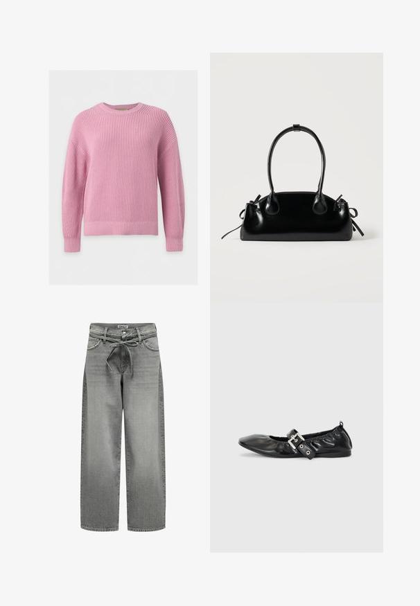 Zachte roze gebreide trui met lange mouwen, ronde hals en geribbelde boorden en zoom op een witte achtergrond.; Grijze denim jeans met wijde pijpen, een trekkoord in de taille en voorzakken. De stof heeft een lichte textuur en een vervaagde afwerking.; Zwarte leren platte schoen met een spitse neus, geplooide details rond de opening en een zilveren gespaccentueerde verstelbare band.; Kleine zwarte glanzende handtas met twee lange hengsels en zijkant trekkoord details op een effen lichte achtergrond.