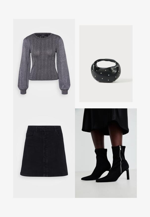 Vero Moda Petite VMTALIA O NECK - Πουλόβερ - black/silver-coloured; Μαύρη τζιν φούστα με ίσια γραμμή, που διαθέτει κουμπί μπροστά, δύο πλαϊνές τσέπες και λεία υφή.; Μαύρες μποτάκια μέχρι τον αστράγαλο με ελαστικό ύφασμα, μυτερή μύτη και κλείσιμο με φερμουάρ στο πλάι, τοποθετημένα σε λεπτό ψηλό τακούνι.; Μαύρη δερμάτινη τσάντα χειρός με στρογγυλεμένο σχήμα, διακοσμημένη με ασημένιες λεπτομέρειες με καρφιά και κοντή λαβή. Λείο υλικό και κλείσιμο με φερμουάρ.