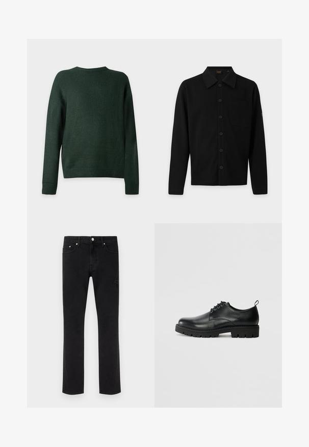 Pull en maille vert foncé à manches longues avec un col rond et des poignets et ourlet côtelés, présenté de dos sur un fond uni.; Chemise noire à manches longues avec boutons, col et poche poitrine, présentée à plat sur un fond gris clair.; Jeans noirs à jambes droites avec cinq poches et des détails délicatement usés sur un fond clair uni.; Chaussure en cuir noir à bout arrondi, présentant un design à lacets, une semelle en caoutchouc noire robuste et un petit onglet de talon à l'arrière.
