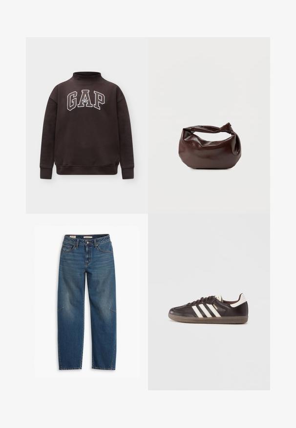 Mørkebrun sweatshirt med høj krave og lange ærmer, med stor hvid omrids tekst "GAP Original" hen over brystet.; Blå denim jeans med en afslappet pasform, der har høj talje, lige ben, synligt syning og en lille detalje på venstre knæ.; Mørkebrune lædersneakers med hvidt tre-stribet design, en gummisål og "Samba" i gyldne bogstaver på siden. Klassisk lavtopform.; Mørkebrun læder skuldertaske med en blød, afslappet form og et snoet knudehåndtag på en ensartet hvid baggrund.