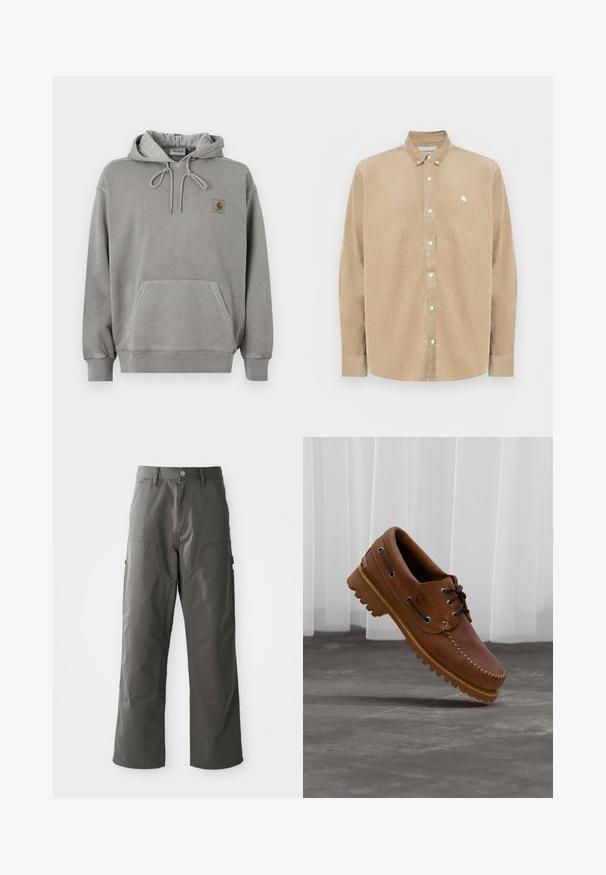 Ανοιχτό γκρι φούτερ Carhartt με κουκούλα, μπροστινή τσέπη καγκουρό, κορδόνι στην κουκούλα, ριμπ μανσέτες και μικρό λογότυπο της μάρκας στο στήθος.; Μπεζ πουκάμισο από κορντόρι με κουμπιά, γιακά, λευκά κουμπιά και μικρό λογότυπο στο αριστερό στήθος. Διαθέτει μακριά μανίκια και ίσια γραμμή.; Γκρι cargo παντελόνι με σχέδιο ίσιας γραμμής, που διαθέτει δύο μπροστινές τσέπες και επιπλέον πλαϊνές τσέπες για αποθήκευση. Κατασκευασμένο από ανθεκτικό υλικό.; Καφέ δερμάτινο παπούτσι τύπου boat με μαύρα κορδόνια, μπεζ ραφές και ανθεκτική σόλα, αιωρούμενο πάνω από γκρι τσιμεντόλιθο.