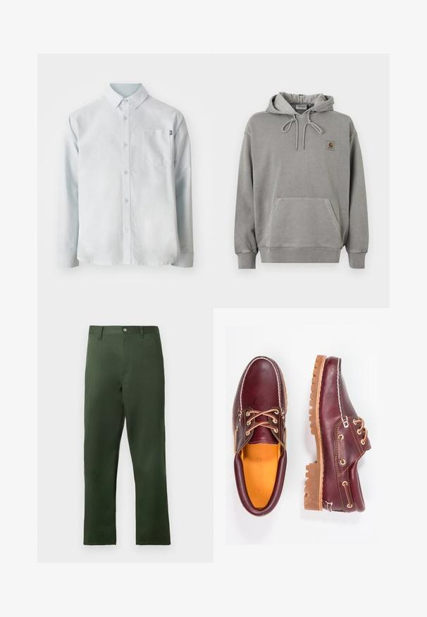 Svetlosivá mikina Carhartt s kapucňou na pulóver, predným klokaním vreckom, sťahovacou kapucňou, rebrovanými manžetami a malým logom značky na hrudi.; New Balance OXFORD - Košeľa - blue; Zelené nohavice s rovnakým strihom, vyrobené z hladkej látky. Majú zapínanie na gombík a predné vrecká, s minimálnym dizajnovým prevedením.; Bordové kožené topánky s hnedými gumovými podrážkami, okrúhlou špičkou, bielym prešívaním a zlatými kovaniami. Interiér má žlté podšívku.