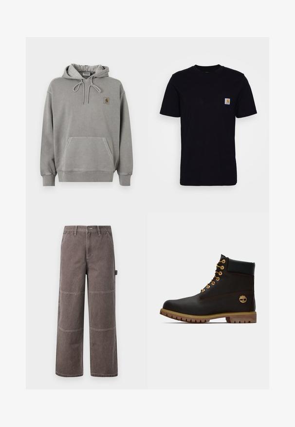 Ανοιχτό γκρι φούτερ Carhartt με κουκούλα, μπροστινή τσέπη καγκουρό, κορδόνι στην κουκούλα, ριμπ μανσέτες και μικρό λογότυπο της μάρκας στο στήθος.; Μαύρη βαμβακερή μπλούζα με κοντά μανίκια, στρογγυλή λαιμόκοψη και τσέπη στο στήθος που διαθέτει ένα μικρό, τετράγωνο λογότυπο. Απλός, συμπαγής σχεδιασμός.; Φαρδιά παντελόνια σε ξεθωριασμένο καφέ χρώμα, κατασκευασμένα από ανθεκτικό ύφασμα με αντίθετη ραφή. Διαθέτουν λεπτομέρειες από πάνελ και μια πλαϊνή τσέπη.; Μαύρη δερμάτινη αστράγαλοι μποτάκι με χρυσά μάτια, καφέ λεπτομέρειες και ελαστική σόλα. Διαθέτει επενδεδυμένο κολάρο και ανάγλυφο λογότυπο στη πλευρά.