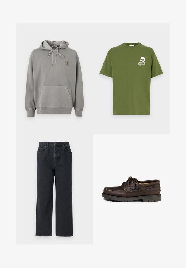 Lichtgrijze Carhartt pullover hoodie met voorzak, capuchon met trekkoord, geribbelde manchetten en klein merklogo op de borst.; Olijfgroen katoenen T-shirt met een ronde hals en korte mouwen. Heeft een wit grafisch beeld op de linkerborst met de tekst "the new originals."; Donkerblauwe denimbroek met een wijde pijp, vijf zakken en een knoopsluiting. Inclusief hardware in koperkleur en een subtiele textuur.; Bruine leren boot schoenen met een ronde neus, stiksels en metalen oogjes voor de veters. Rubberen buitenzool met profiel.